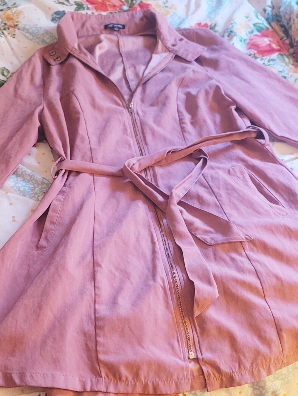 M Michel Soft Pink Full Zip Trench Jacket Dress With Waist Tie! SUPER CUTE!